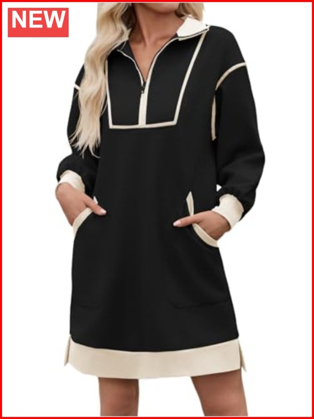 Oversized Half Zip Sweatshirt Dress V Neck Long Sleeve Mini Casual